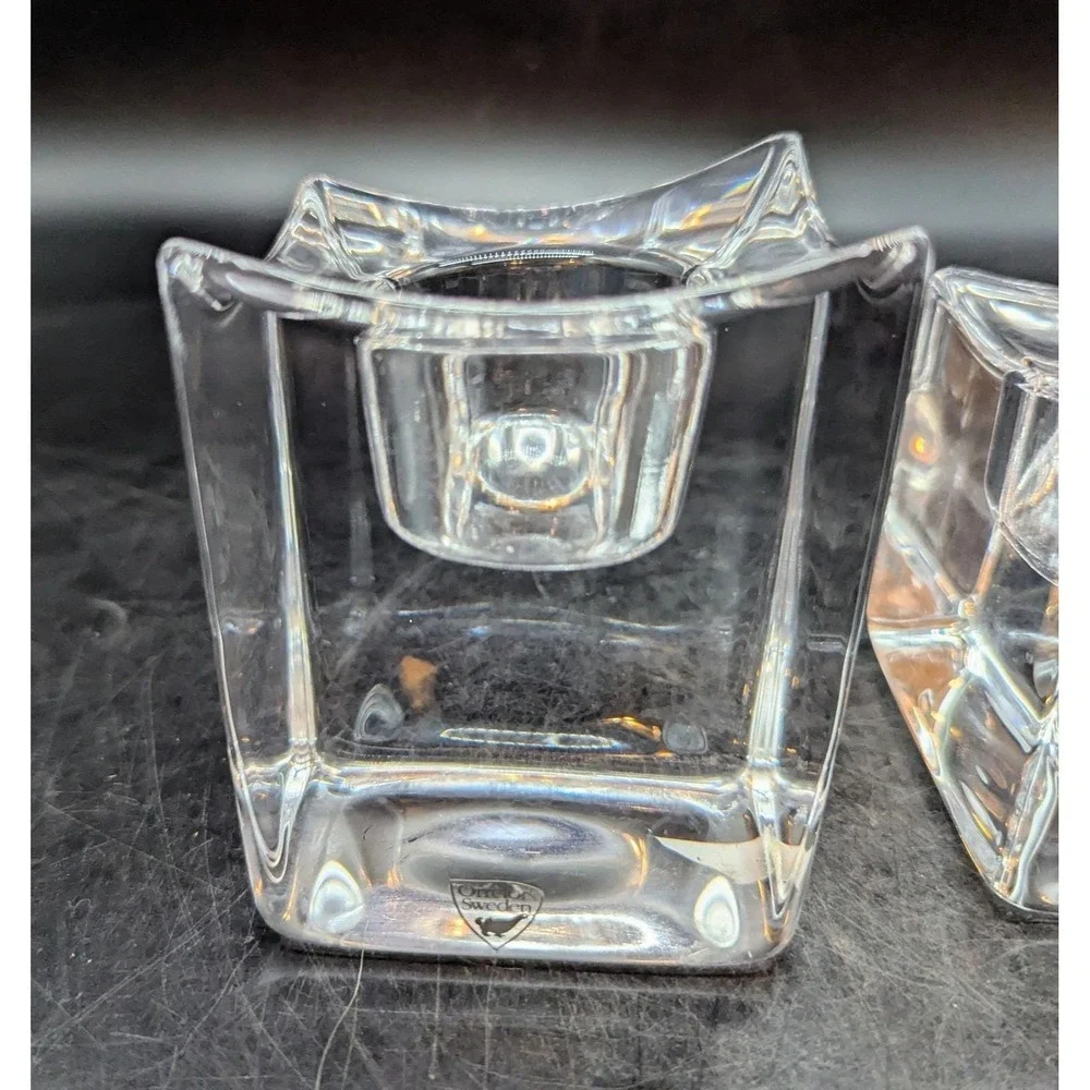 Set of 2 Orrefors Crystal Polaris Clear Votive Candle Holders Square Ice‎